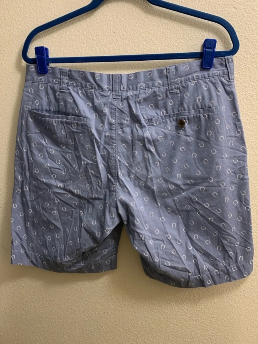J. Crew Gramercy Blue Flat Front Chino Shorts Horseshoe Pattern Men’s 34W Cotton